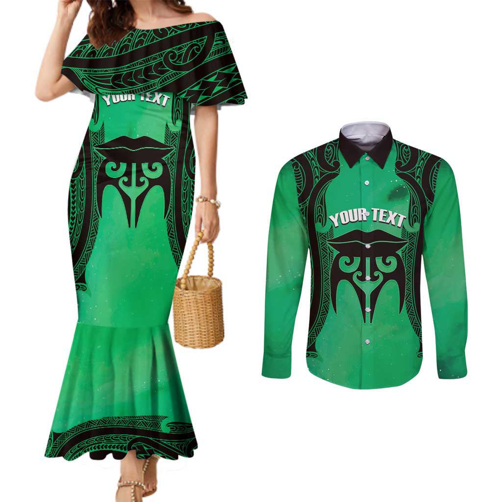 Personalised Moko Kauae New Zealand Couples Matching Mermaid Dress and Long Sleeve Button Shirt Maori Chin Tattoo Green - Polynesian Pride
