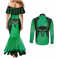 Personalised Moko Kauae New Zealand Couples Matching Mermaid Dress and Long Sleeve Button Shirt Maori Chin Tattoo Green - Polynesian Pride