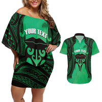 Personalised Moko Kauae New Zealand Couples Matching Off Shoulder Short Dress and Hawaiian Shirt Maori Chin Tattoo Green - Polynesian Pride