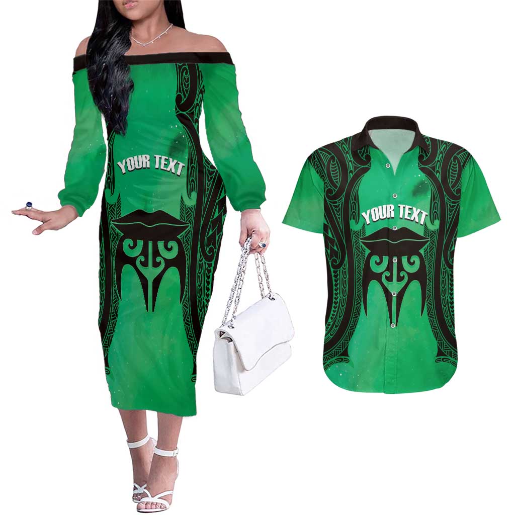 Personalised Moko Kauae New Zealand Couples Matching Off The Shoulder Long Sleeve Dress and Hawaiian Shirt Maori Chin Tattoo Green - Polynesian Pride
