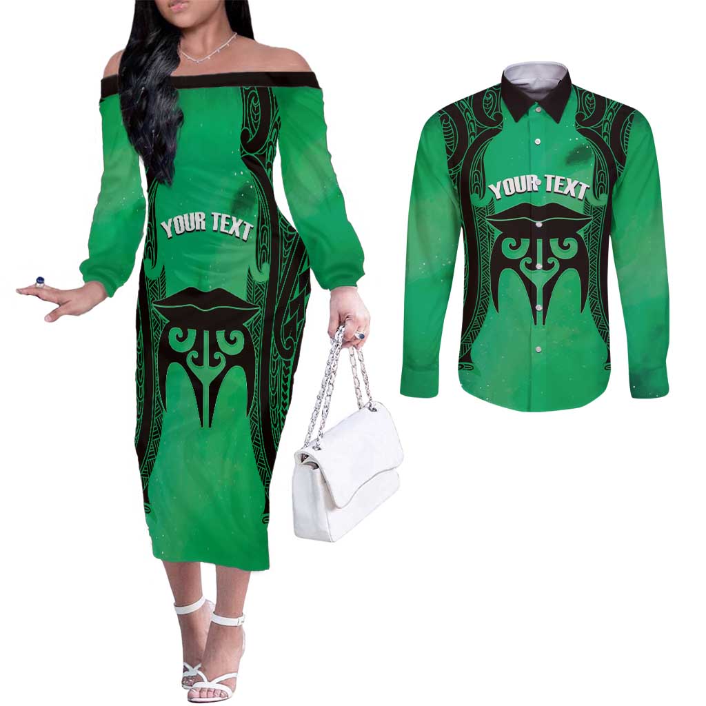 Personalised Moko Kauae New Zealand Couples Matching Off The Shoulder Long Sleeve Dress and Long Sleeve Button Shirt Maori Chin Tattoo Green - Polynesian Pride