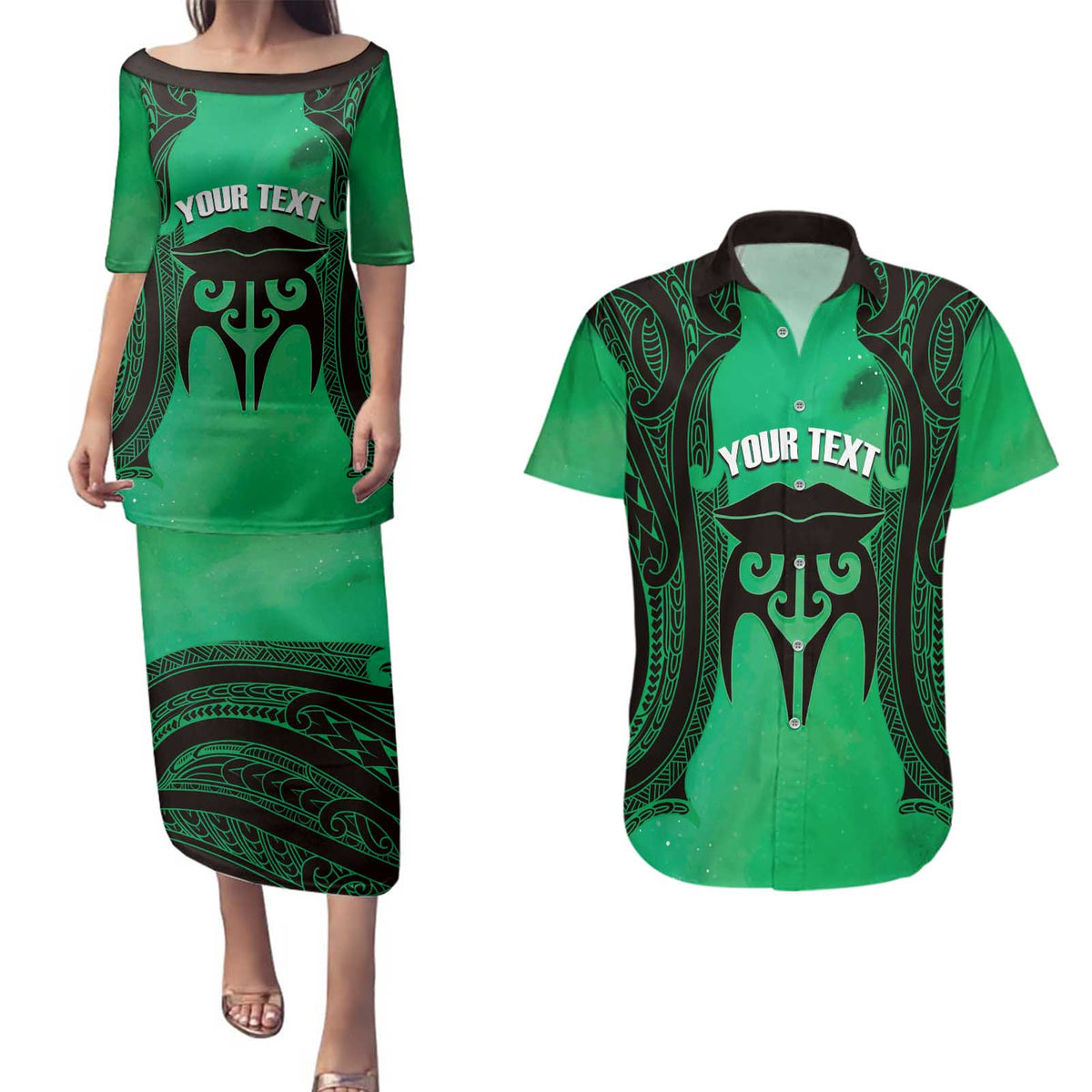 Personalised Moko Kauae New Zealand Couples Matching Puletasi and Hawaiian Shirt Maori Chin Tattoo Green - Polynesian Pride