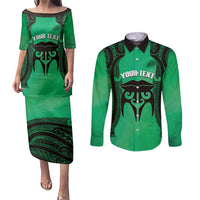Personalised Moko Kauae New Zealand Couples Matching Puletasi and Long Sleeve Button Shirt Maori Chin Tattoo Green - Polynesian Pride