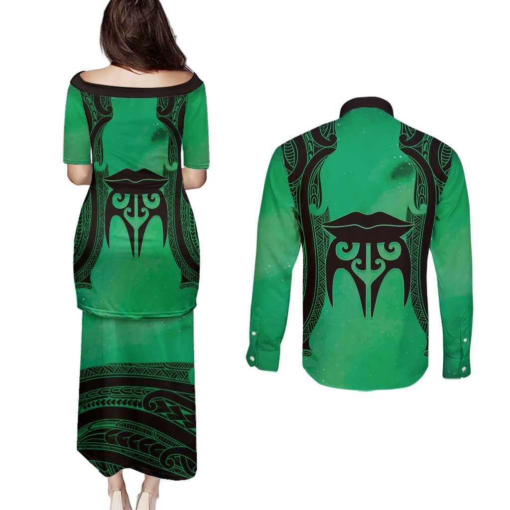 Personalised Moko Kauae New Zealand Couples Matching Puletasi and Long Sleeve Button Shirt Maori Chin Tattoo Green - Polynesian Pride
