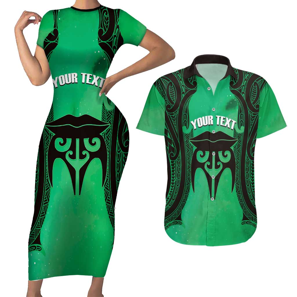 Personalised Moko Kauae New Zealand Couples Matching Short Sleeve Bodycon Dress and Hawaiian Shirt Maori Chin Tattoo Green - Polynesian Pride