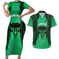 Personalised Moko Kauae New Zealand Couples Matching Short Sleeve Bodycon Dress and Hawaiian Shirt Maori Chin Tattoo Green - Polynesian Pride