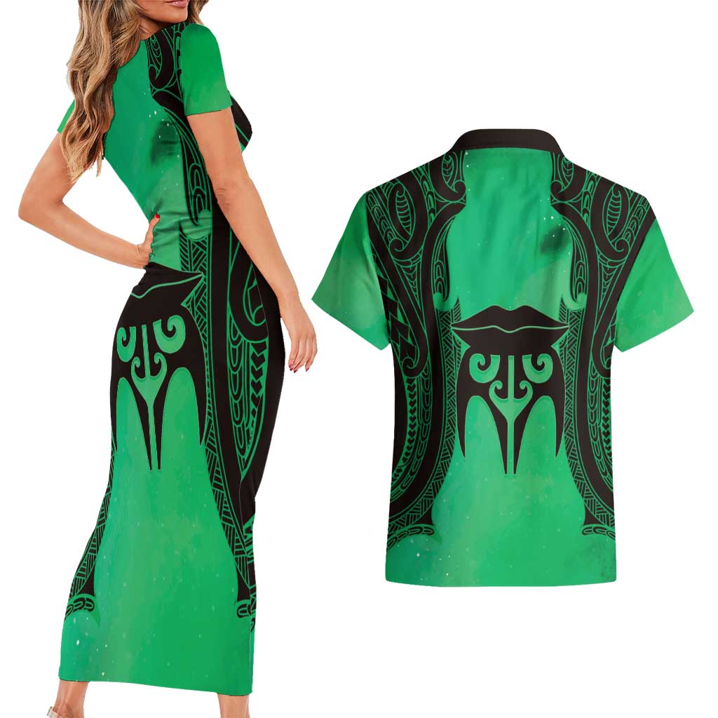 Personalised Moko Kauae New Zealand Couples Matching Short Sleeve Bodycon Dress and Hawaiian Shirt Maori Chin Tattoo Green - Polynesian Pride