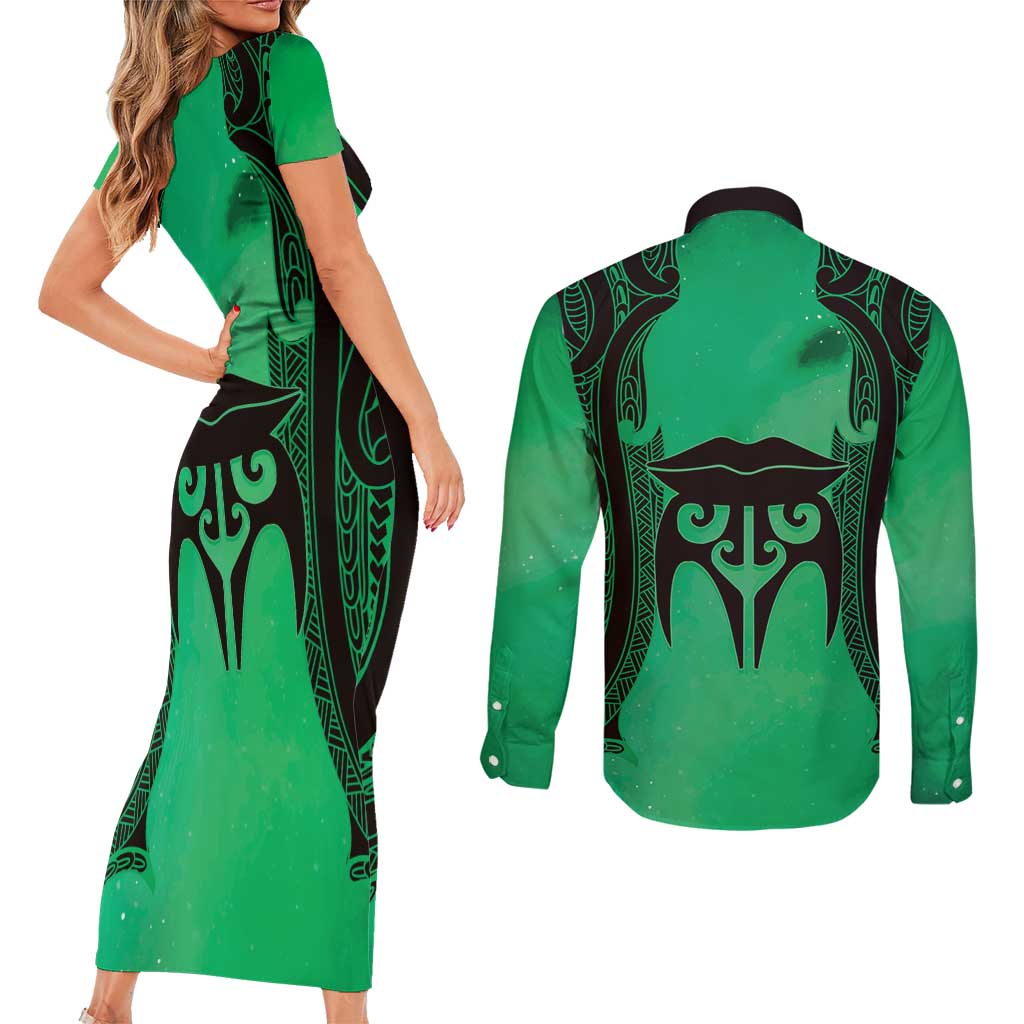 Personalised Moko Kauae New Zealand Couples Matching Short Sleeve Bodycon Dress and Long Sleeve Button Shirt Maori Chin Tattoo Green - Polynesian Pride