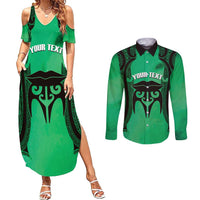Personalised Moko Kauae New Zealand Couples Matching Summer Maxi Dress and Long Sleeve Button Shirt Maori Chin Tattoo Green - Polynesian Pride