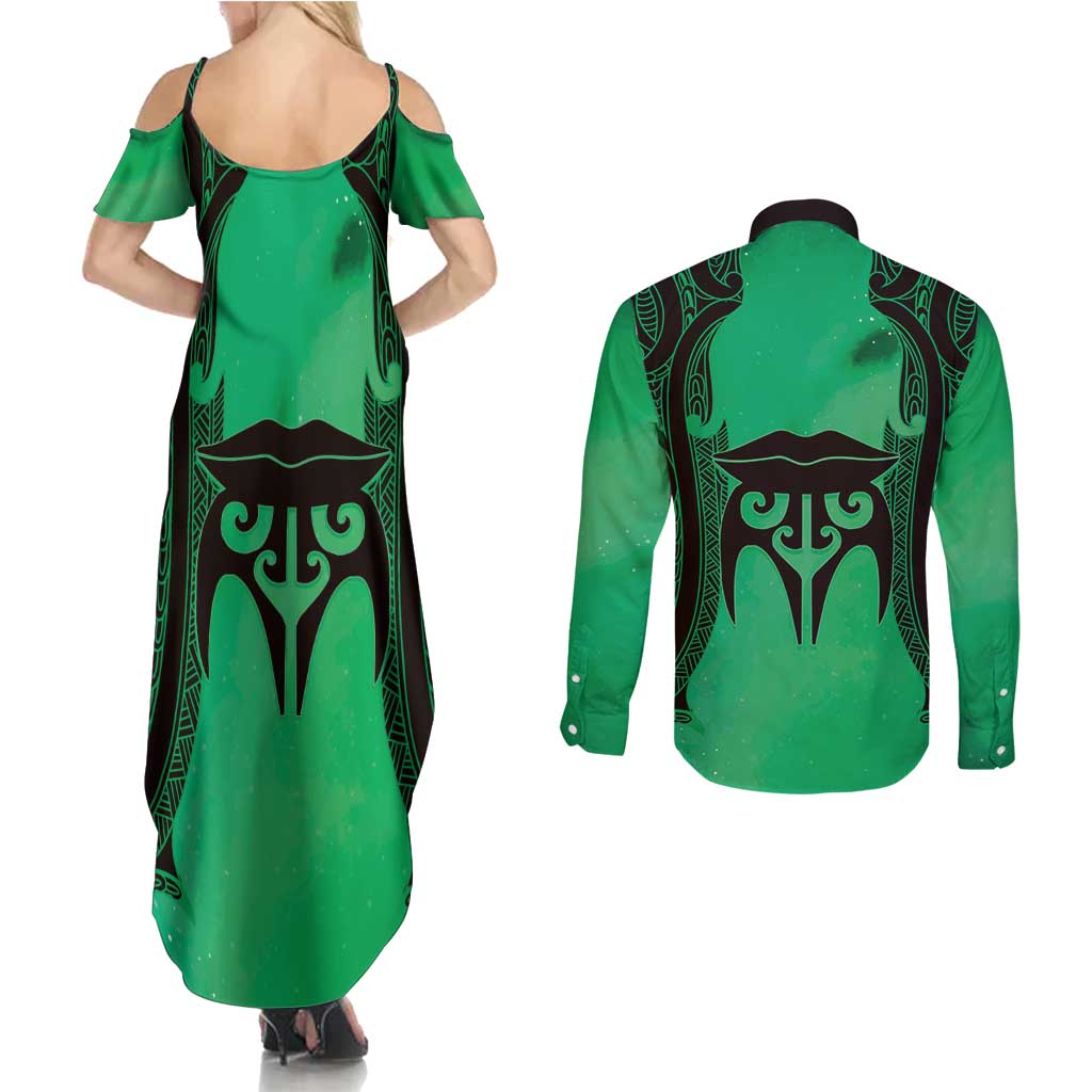 Personalised Moko Kauae New Zealand Couples Matching Summer Maxi Dress and Long Sleeve Button Shirt Maori Chin Tattoo Green - Polynesian Pride