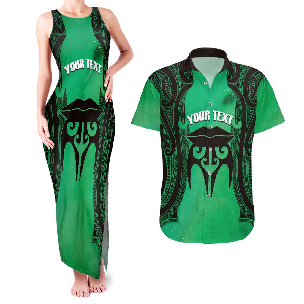 Personalised Moko Kauae New Zealand Couples Matching Tank Maxi Dress and Hawaiian Shirt Maori Chin Tattoo Green - Polynesian Pride