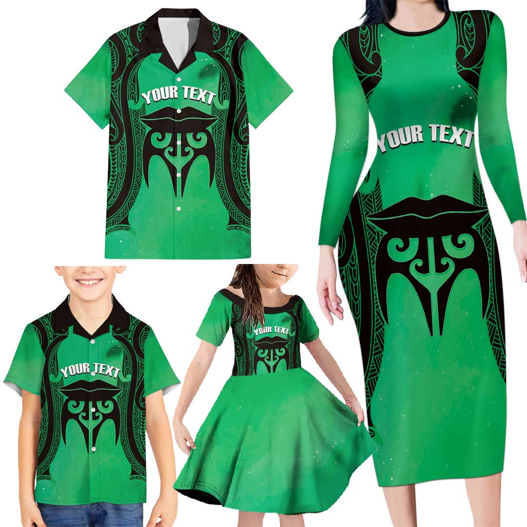 Personalised Moko Kauae New Zealand Family Matching Long Sleeve Bodycon Dress and Hawaiian Shirt Maori Chin Tattoo Green - Polynesian Pride