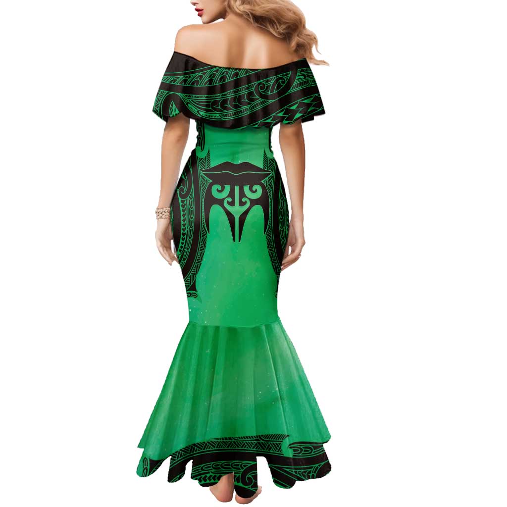 Personalised Moko Kauae New Zealand Family Matching Mermaid Dress and Hawaiian Shirt Maori Chin Tattoo Green - Polynesian Pride