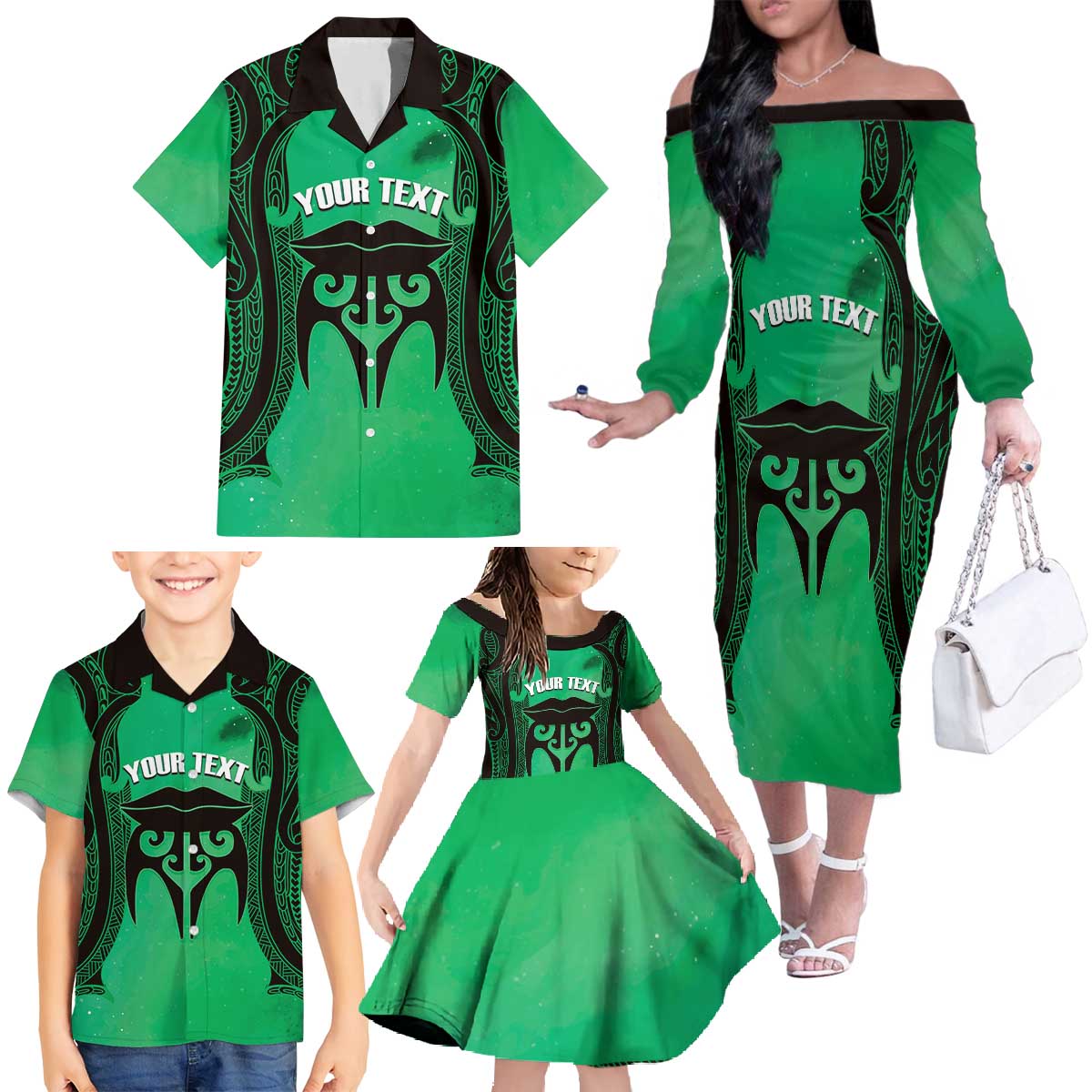 Personalised Moko Kauae New Zealand Family Matching Off The Shoulder Long Sleeve Dress and Hawaiian Shirt Maori Chin Tattoo Green - Polynesian Pride