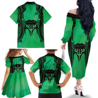 Personalised Moko Kauae New Zealand Family Matching Off The Shoulder Long Sleeve Dress and Hawaiian Shirt Maori Chin Tattoo Green - Polynesian Pride