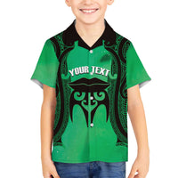 Personalised Moko Kauae New Zealand Family Matching Off The Shoulder Long Sleeve Dress and Hawaiian Shirt Maori Chin Tattoo Green - Polynesian Pride