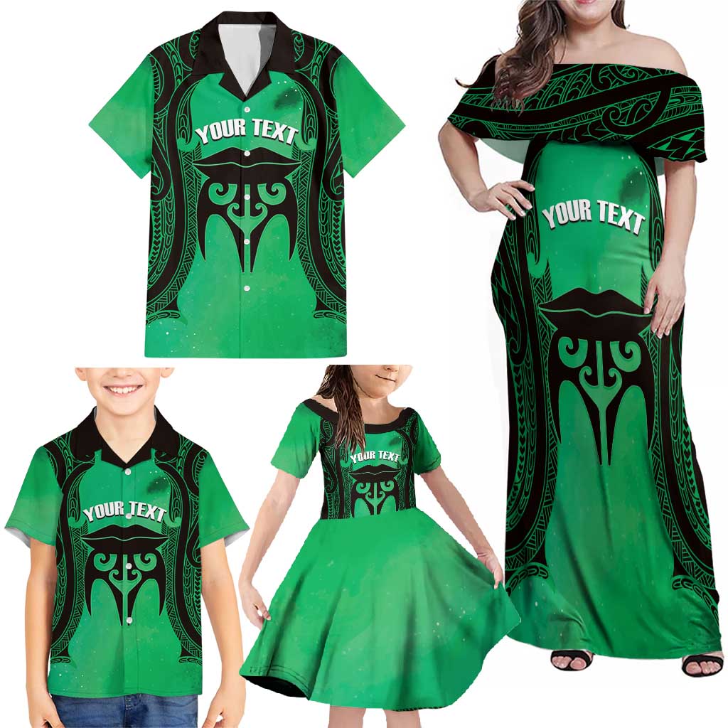 Personalised Moko Kauae New Zealand Family Matching Off Shoulder Maxi Dress and Hawaiian Shirt Maori Chin Tattoo Green - Polynesian Pride