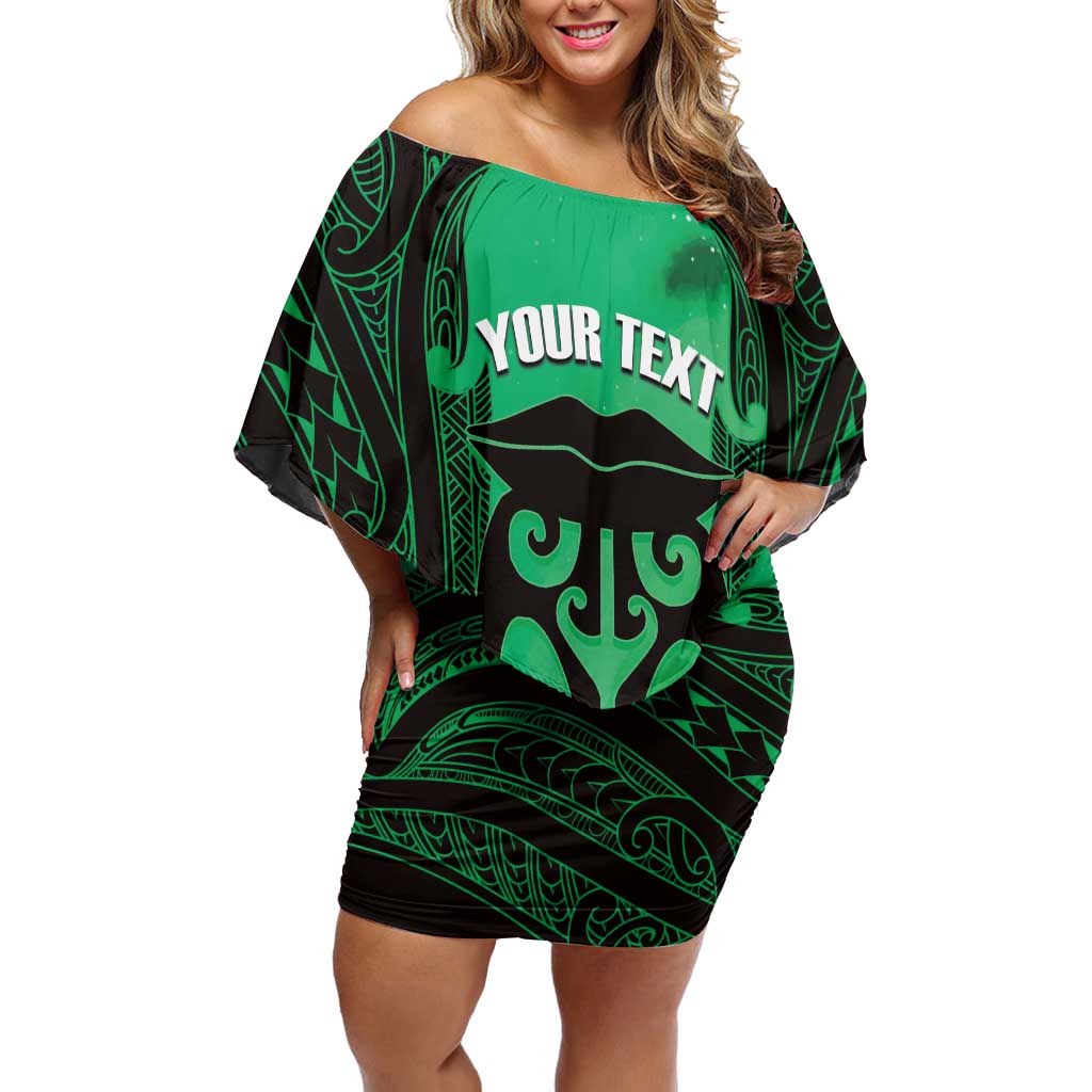 Personalised Moko Kauae New Zealand Family Matching Off Shoulder Short Dress and Hawaiian Shirt Maori Chin Tattoo Green - Polynesian Pride