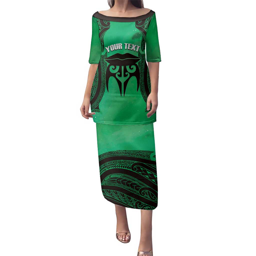 Personalised Moko Kauae New Zealand Family Matching Puletasi and Hawaiian Shirt Maori Chin Tattoo Green - Polynesian Pride