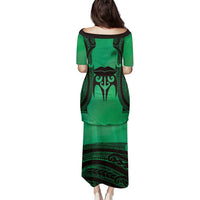 Personalised Moko Kauae New Zealand Family Matching Puletasi and Hawaiian Shirt Maori Chin Tattoo Green - Polynesian Pride