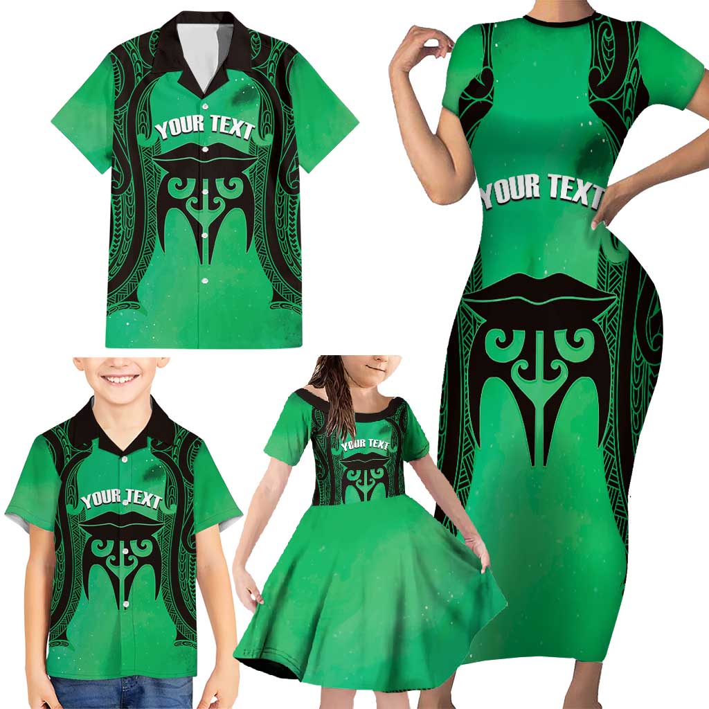 Personalised Moko Kauae New Zealand Family Matching Short Sleeve Bodycon Dress and Hawaiian Shirt Maori Chin Tattoo Green - Polynesian Pride