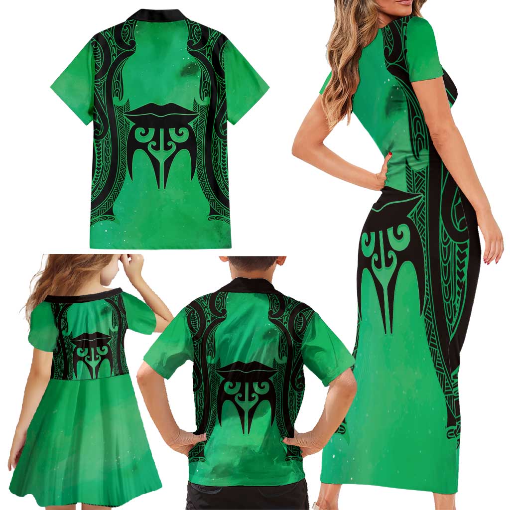Personalised Moko Kauae New Zealand Family Matching Short Sleeve Bodycon Dress and Hawaiian Shirt Maori Chin Tattoo Green - Polynesian Pride