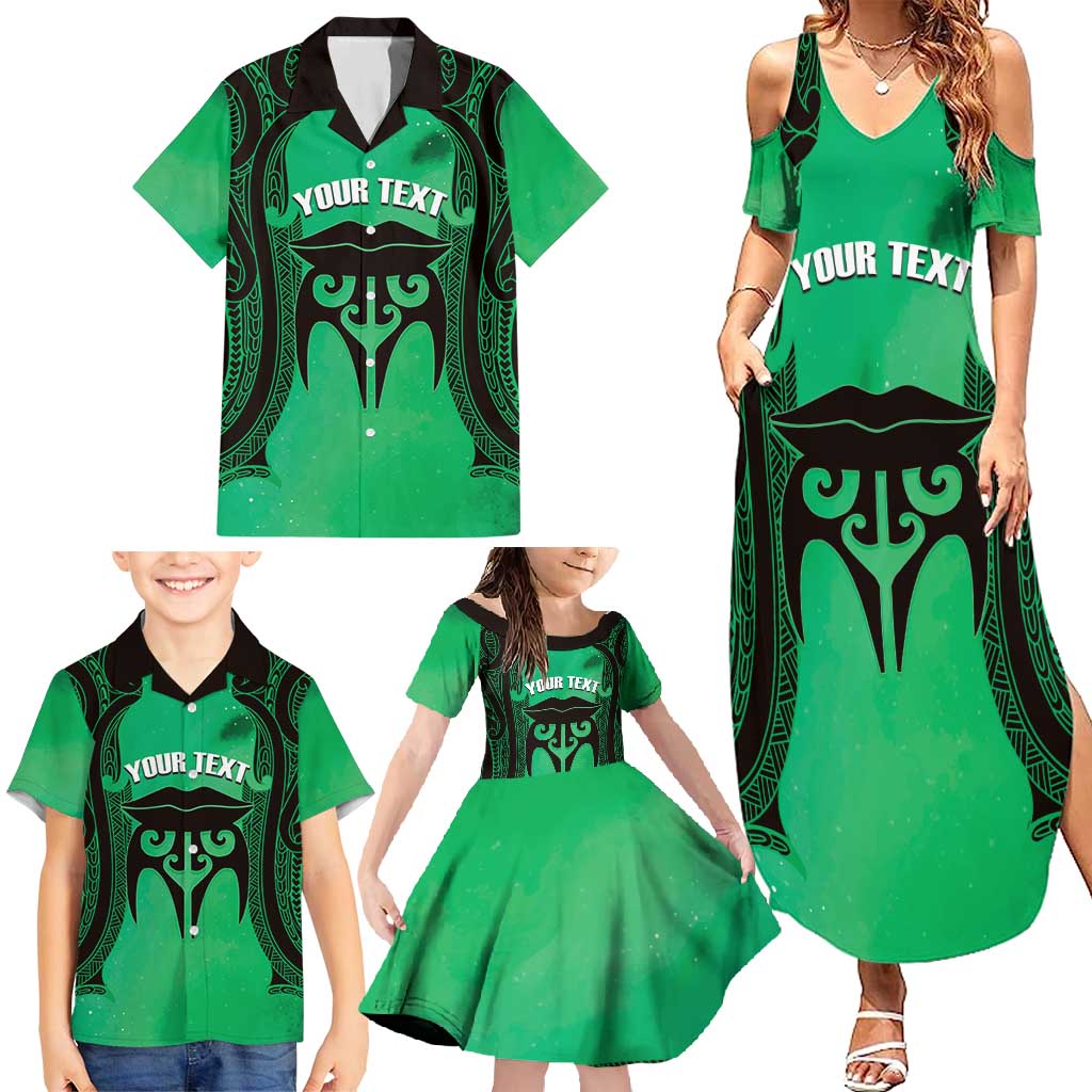 Personalised Moko Kauae New Zealand Family Matching Summer Maxi Dress and Hawaiian Shirt Maori Chin Tattoo Green - Polynesian Pride