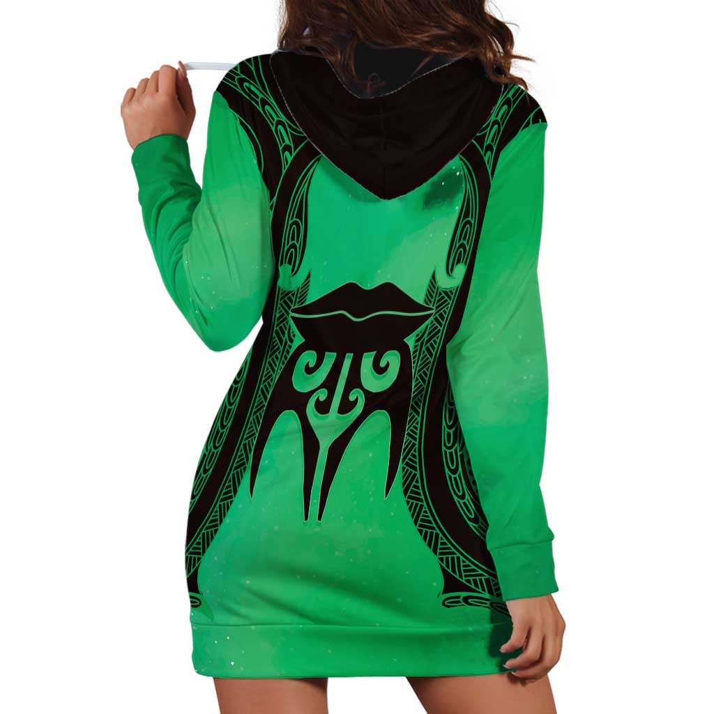 Personalised Moko Kauae New Zealand Hoodie Dress Maori Chin Tattoo Green - Polynesian Pride
