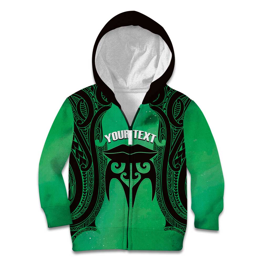 Personalised Moko Kauae New Zealand Kid Hoodie Maori Chin Tattoo Green - Polynesian Pride