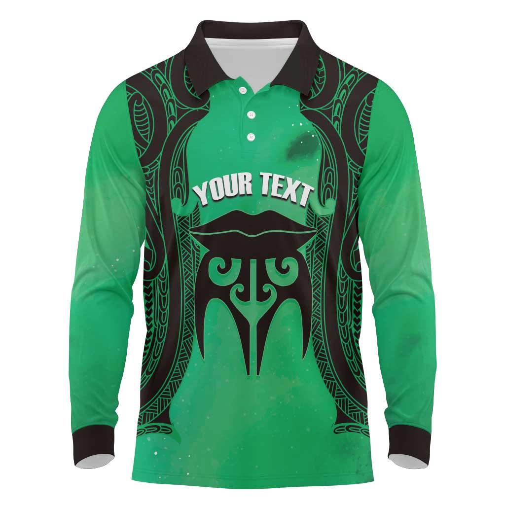 Personalised Moko Kauae New Zealand Long Sleeve Polo Shirt Maori Chin Tattoo Green - Polynesian Pride