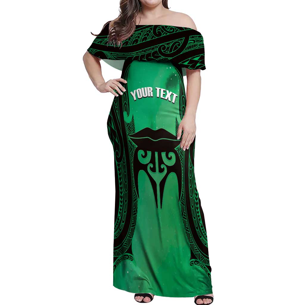 Personalised Moko Kauae New Zealand Off Shoulder Maxi Dress Maori Chin Tattoo Green - Polynesian Pride