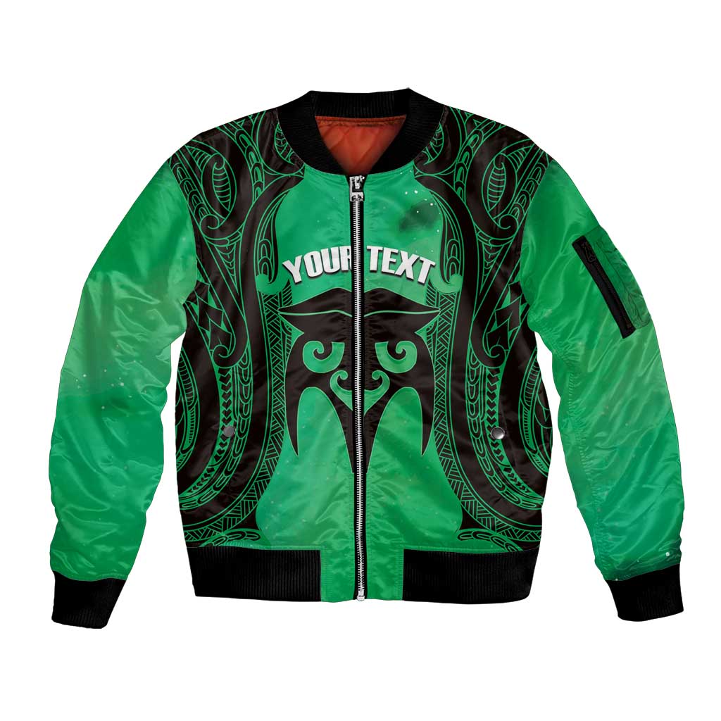Personalised Moko Kauae New Zealand Sleeve Zip Bomber Jacket Maori Chin Tattoo Green - Polynesian Pride