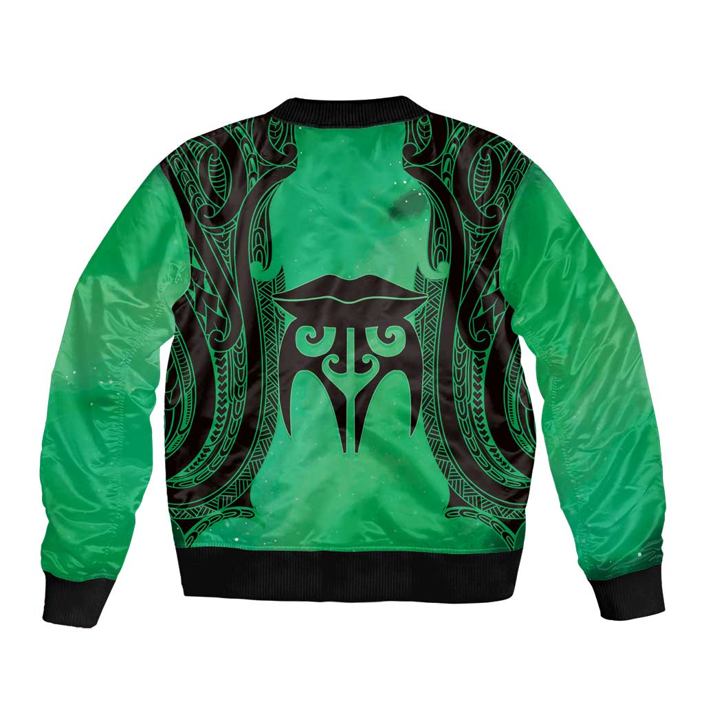 Personalised Moko Kauae New Zealand Sleeve Zip Bomber Jacket Maori Chin Tattoo Green - Polynesian Pride