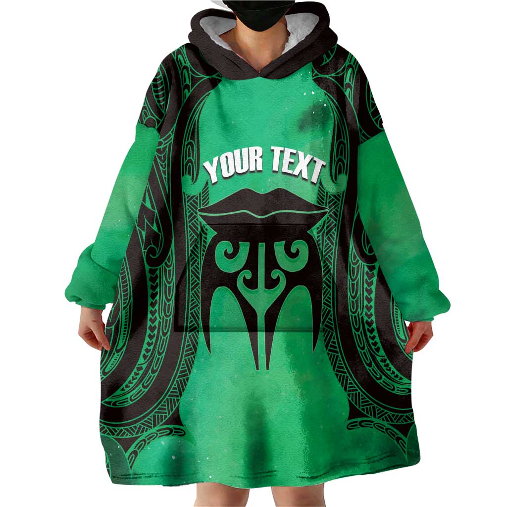 Personalised Moko Kauae New Zealand Wearable Blanket Hoodie Maori Chin Tattoo Green - Polynesian Pride