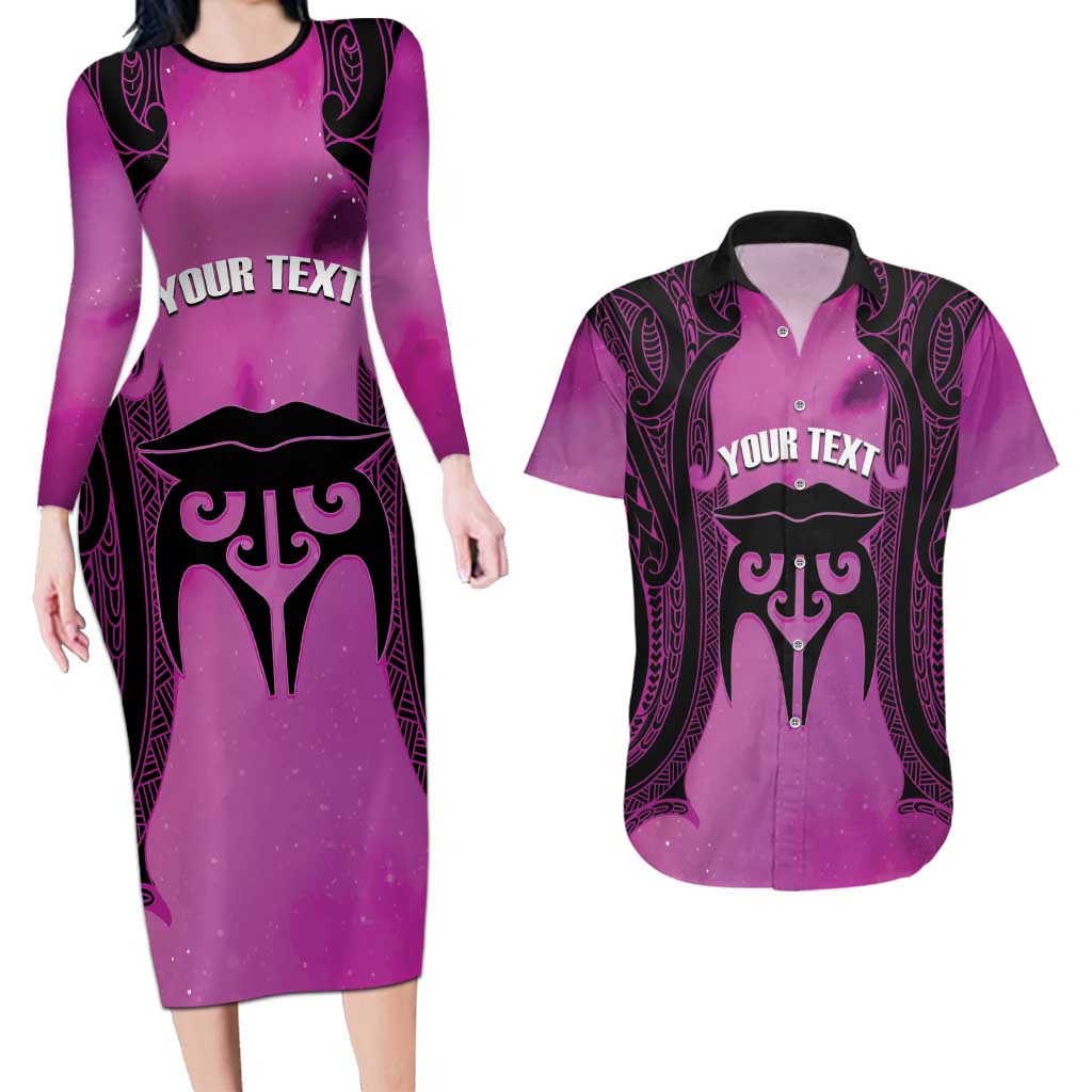 Personalised Moko Kauae New Zealand Couples Matching Long Sleeve Bodycon Dress and Hawaiian Shirt Maori Chin Tattoo Pink - Polynesian Pride