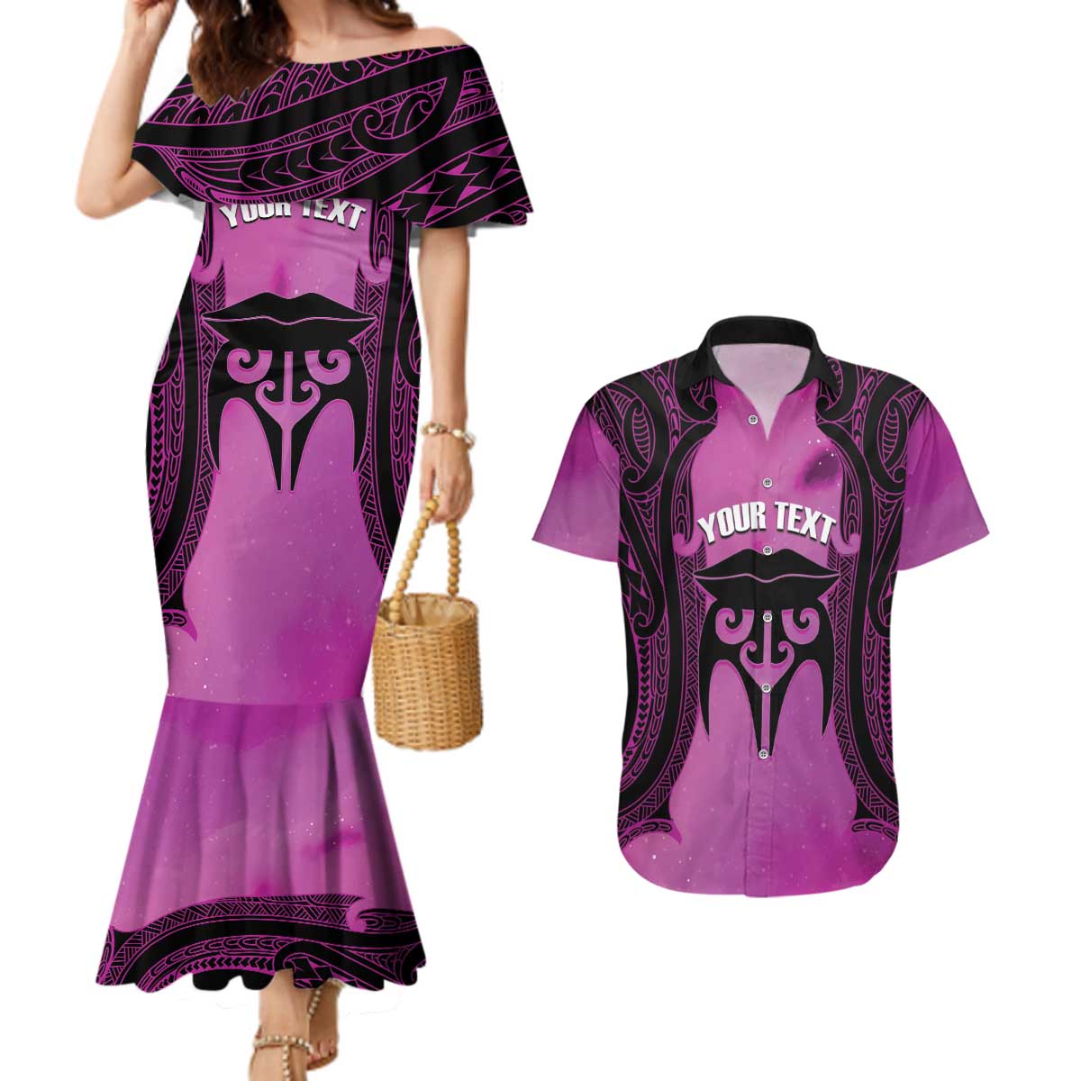 Personalised Moko Kauae New Zealand Couples Matching Mermaid Dress and Hawaiian Shirt Maori Chin Tattoo Pink - Polynesian Pride