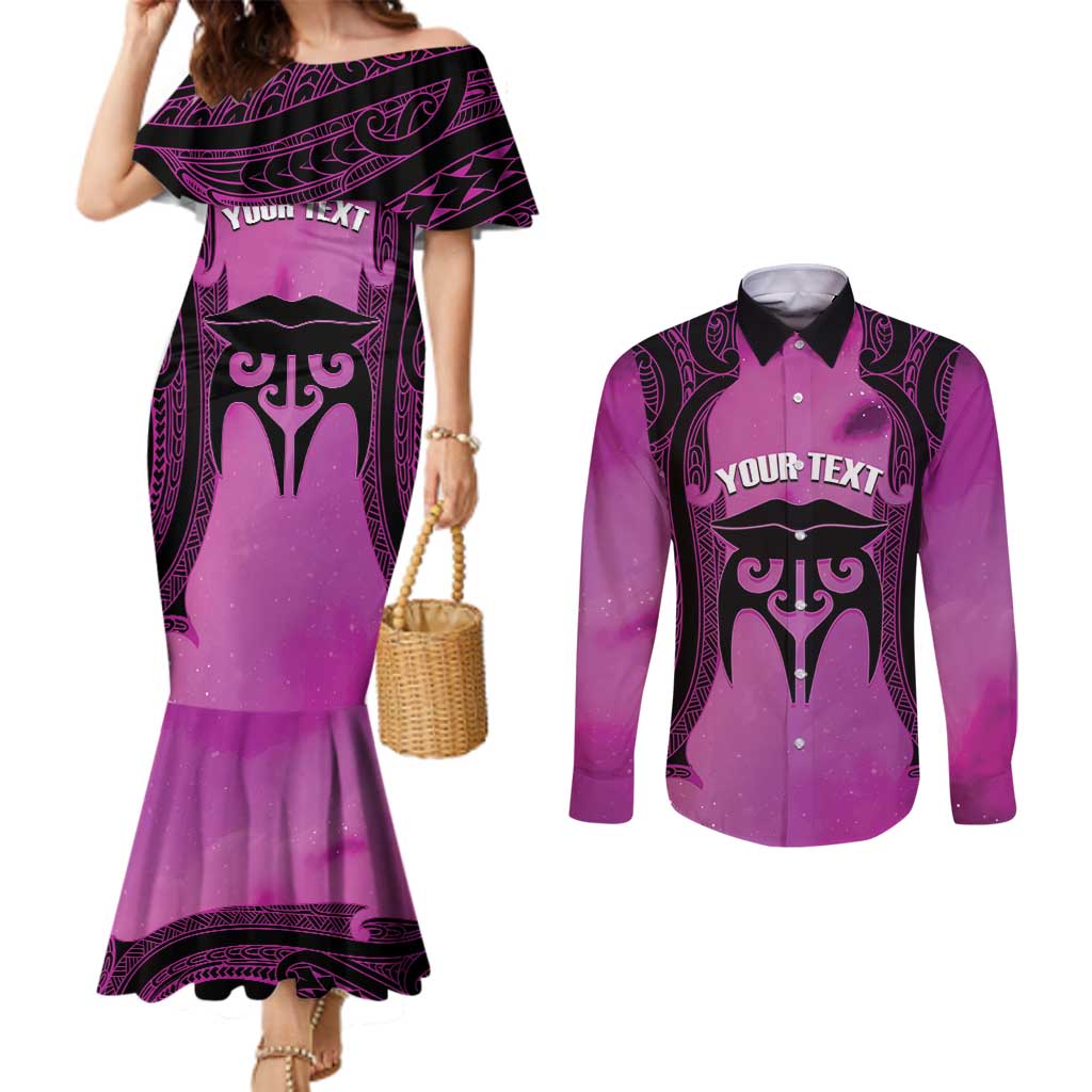 Personalised Moko Kauae New Zealand Couples Matching Mermaid Dress and Long Sleeve Button Shirt Maori Chin Tattoo Pink - Polynesian Pride