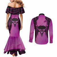 Personalised Moko Kauae New Zealand Couples Matching Mermaid Dress and Long Sleeve Button Shirt Maori Chin Tattoo Pink - Polynesian Pride