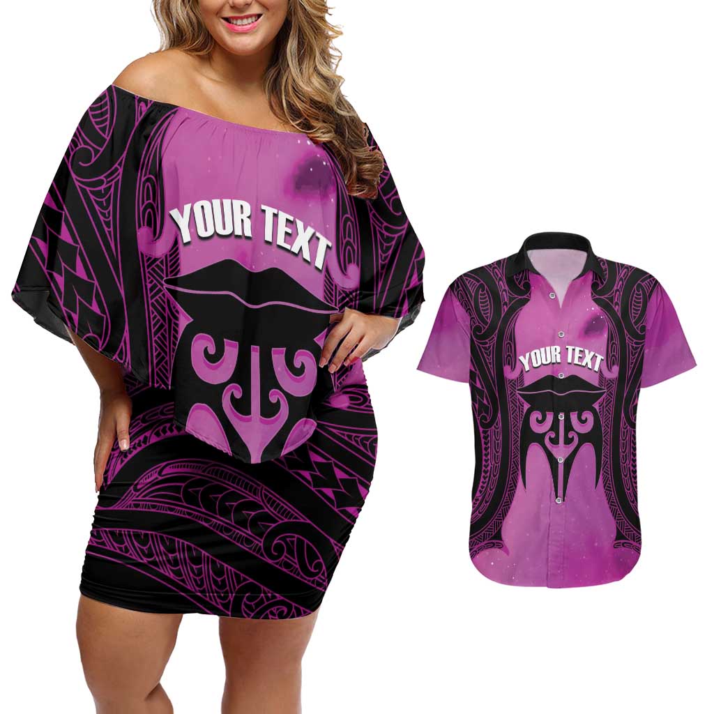 Personalised Moko Kauae New Zealand Couples Matching Off Shoulder Short Dress and Hawaiian Shirt Maori Chin Tattoo Pink - Polynesian Pride