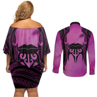 Personalised Moko Kauae New Zealand Couples Matching Off Shoulder Short Dress and Long Sleeve Button Shirt Maori Chin Tattoo Pink - Polynesian Pride