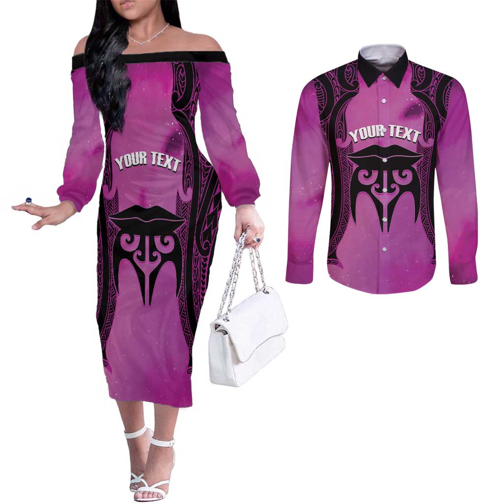 Personalised Moko Kauae New Zealand Couples Matching Off The Shoulder Long Sleeve Dress and Long Sleeve Button Shirt Maori Chin Tattoo Pink - Polynesian Pride