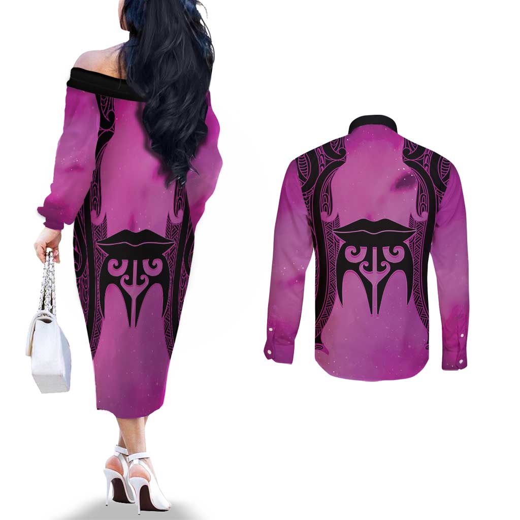 Personalised Moko Kauae New Zealand Couples Matching Off The Shoulder Long Sleeve Dress and Long Sleeve Button Shirt Maori Chin Tattoo Pink - Polynesian Pride
