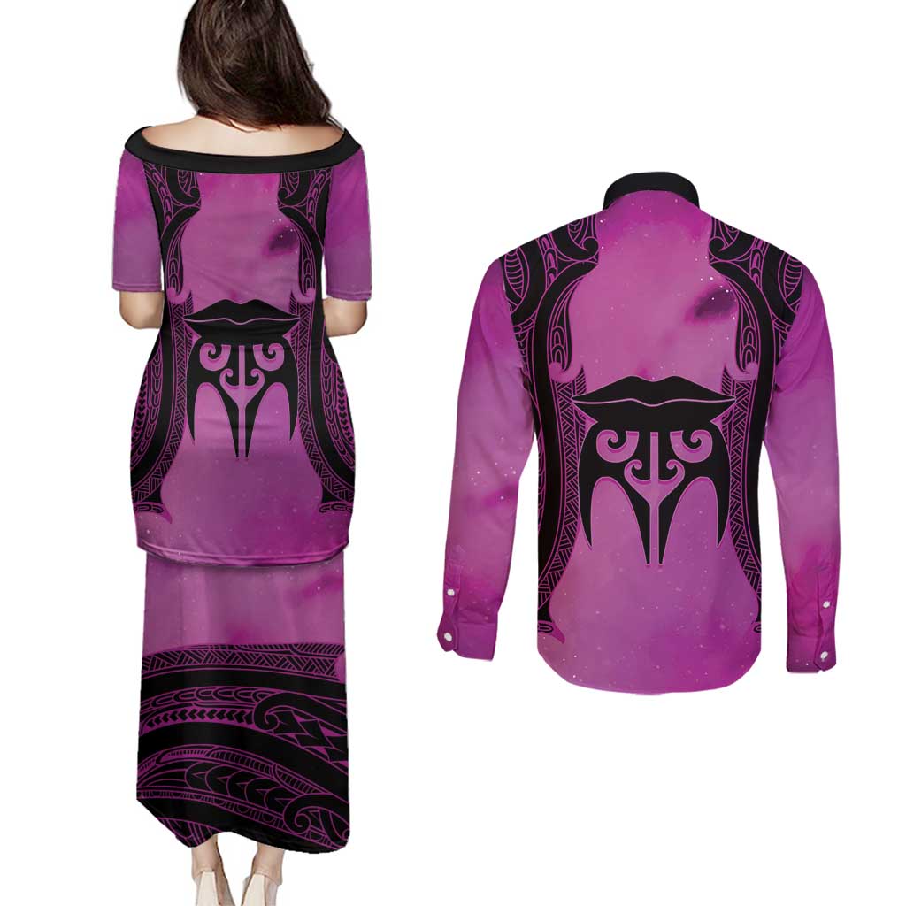 Personalised Moko Kauae New Zealand Couples Matching Puletasi and Long Sleeve Button Shirt Maori Chin Tattoo Pink - Polynesian Pride