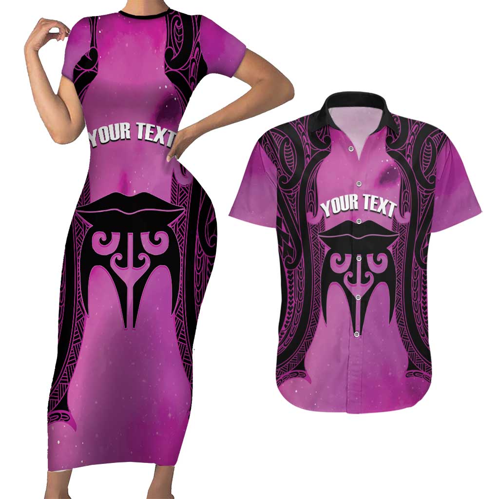 Personalised Moko Kauae New Zealand Couples Matching Short Sleeve Bodycon Dress and Hawaiian Shirt Maori Chin Tattoo Pink - Polynesian Pride