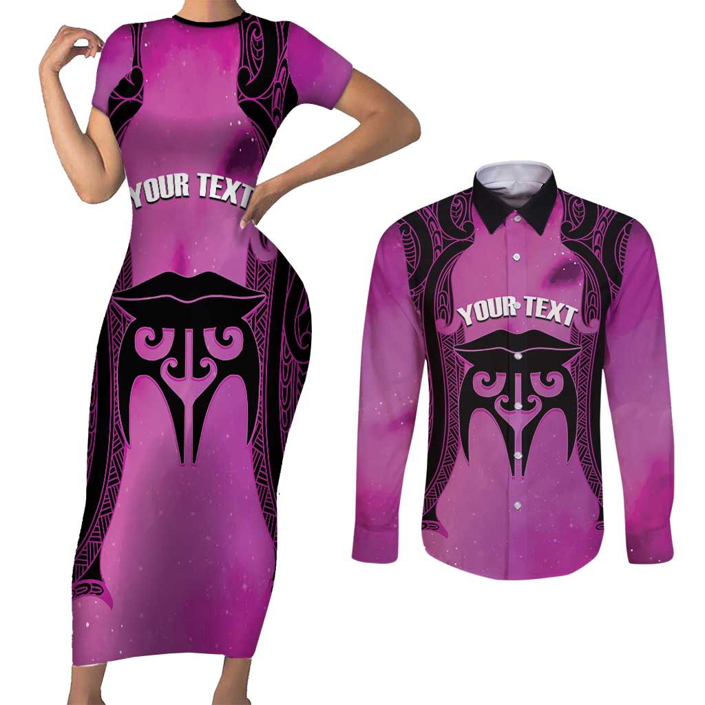 Personalised Moko Kauae New Zealand Couples Matching Short Sleeve Bodycon Dress and Long Sleeve Button Shirt Maori Chin Tattoo Pink - Polynesian Pride