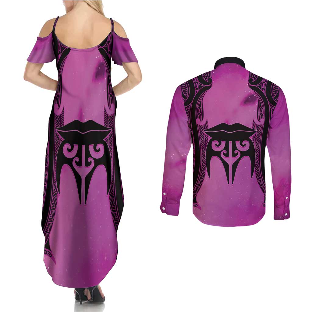 Personalised Moko Kauae New Zealand Couples Matching Summer Maxi Dress and Long Sleeve Button Shirt Maori Chin Tattoo Pink - Polynesian Pride