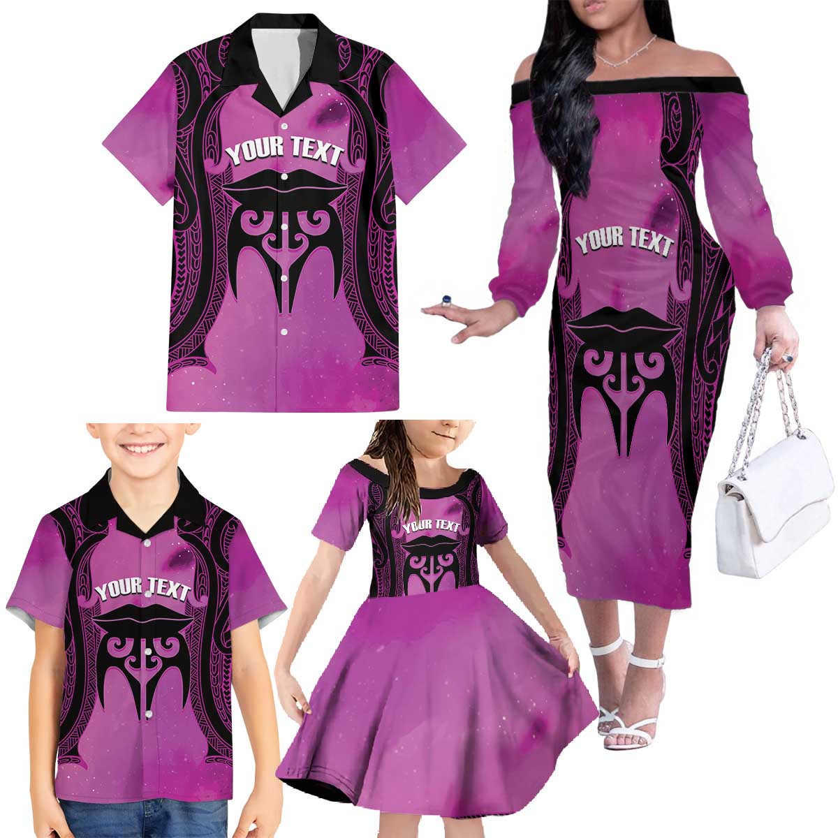 Personalised Moko Kauae New Zealand Family Matching Off The Shoulder Long Sleeve Dress and Hawaiian Shirt Maori Chin Tattoo Pink - Polynesian Pride