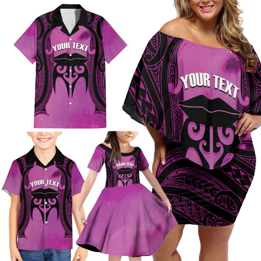 Personalised Moko Kauae New Zealand Family Matching Off Shoulder Short Dress and Hawaiian Shirt Maori Chin Tattoo Pink - Polynesian Pride