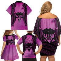 Personalised Moko Kauae New Zealand Family Matching Off Shoulder Short Dress and Hawaiian Shirt Maori Chin Tattoo Pink - Polynesian Pride
