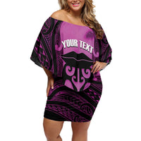 Personalised Moko Kauae New Zealand Family Matching Off Shoulder Short Dress and Hawaiian Shirt Maori Chin Tattoo Pink - Polynesian Pride